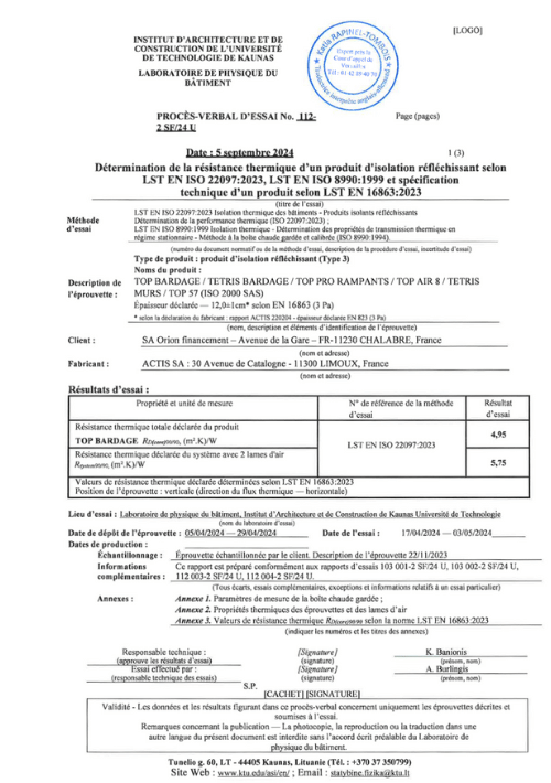 Couverture-TOP BARDAGE – Rapport essai selon la norme NF EN ISO 22097 2023 - FR