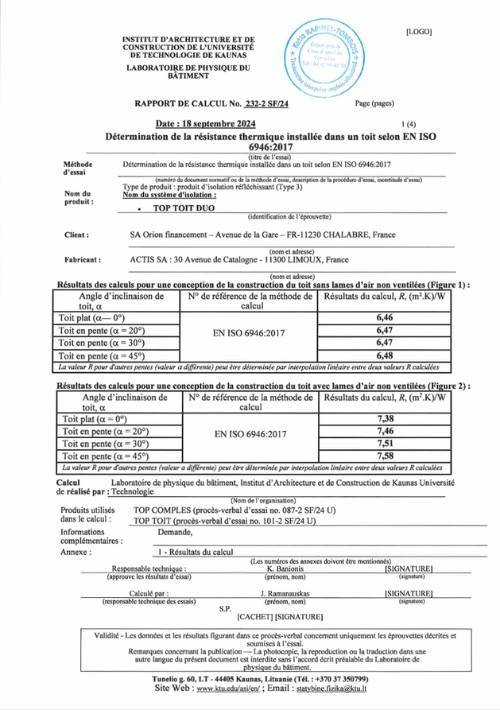 Couverture-TOP TOIT DUO – Rapport essai selon la norme NF EN ISO 22097 2023 - FR